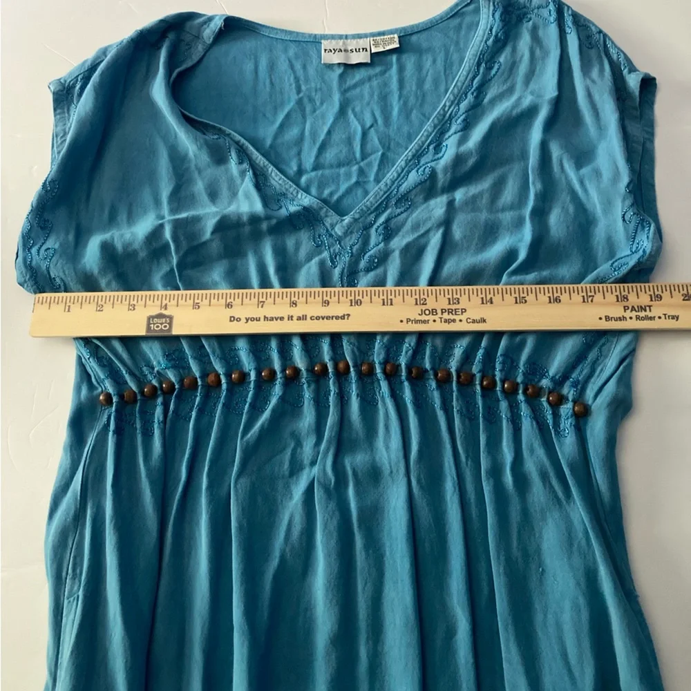 Raya Sun Dress SZ L Sky Blue Cotton Blend wood beaded and embroidered